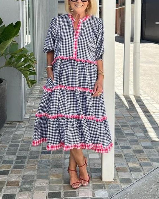 Ruffled Cotton Loose Check Long Dress