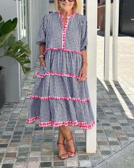 Ruffled Cotton Loose Check Long Dress