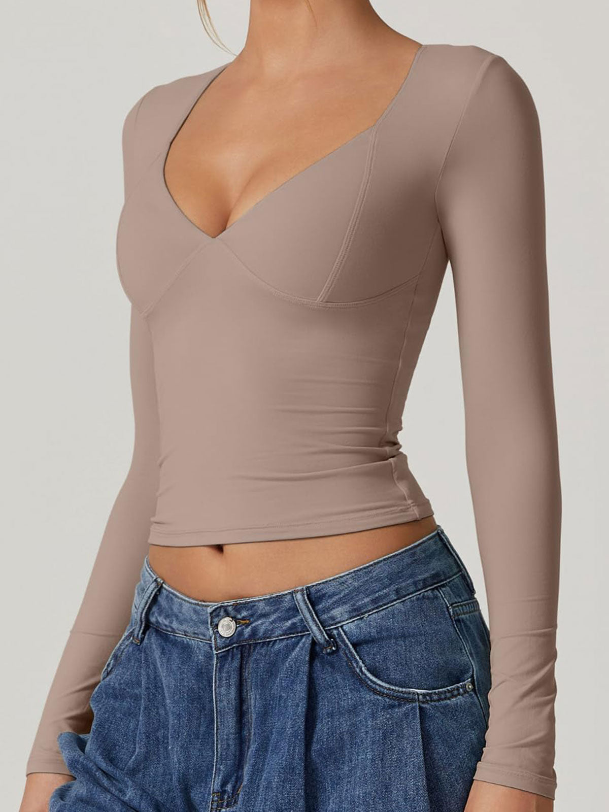 Long Sleeve V Neck T Shirts Double Lined Crop Top Seamed Cup Going Out Tops