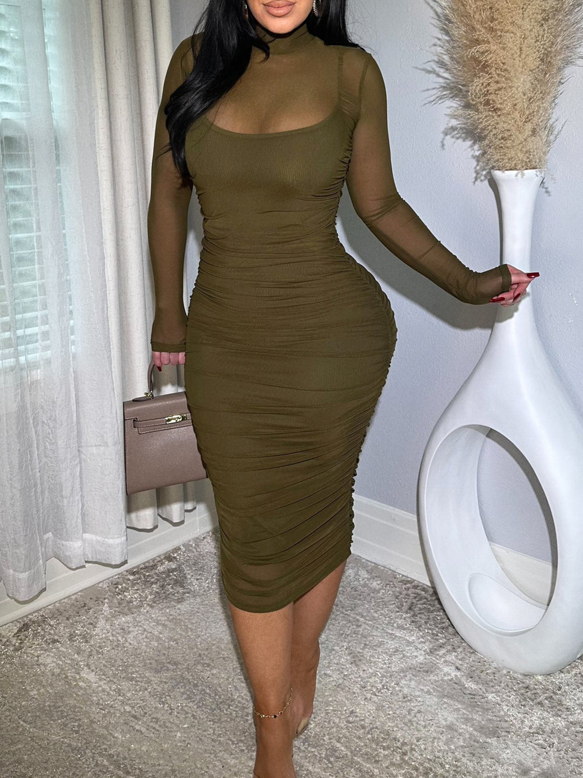 Women's Ruched Mesh Sheer Mock Neck Long Sleeve Midi Bodycon Dress