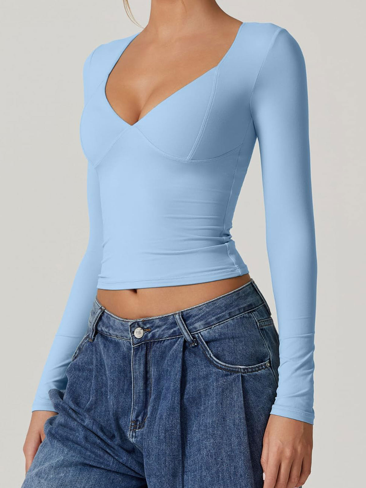 Long Sleeve V Neck T Shirts Double Lined Crop Top Seamed Cup Going Out Tops